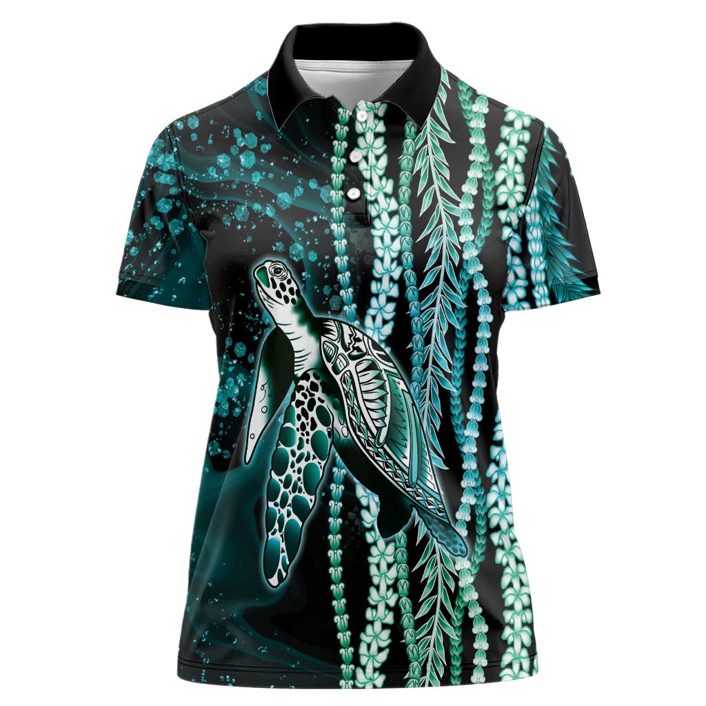 Hawaiian Honu Personalized Women Polo Shirt Dark Cyan Maile Pikake Flower Lei Inspired