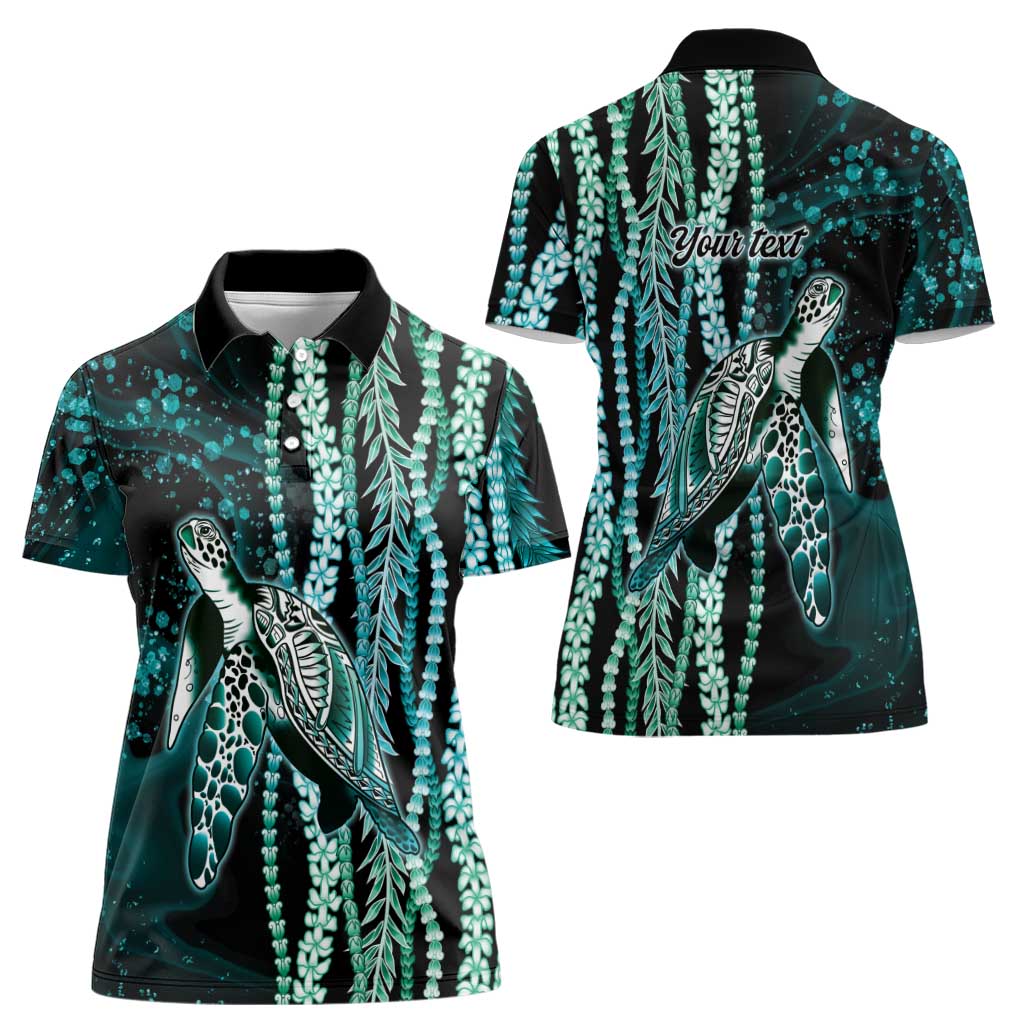 Hawaiian Honu Personalized Women Polo Shirt Dark Cyan Maile Pikake Flower Lei Inspired