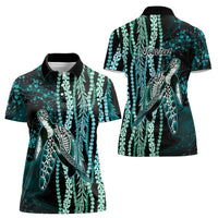Hawaiian Honu Personalized Women Polo Shirt Dark Cyan Maile Pikake Flower Lei Inspired