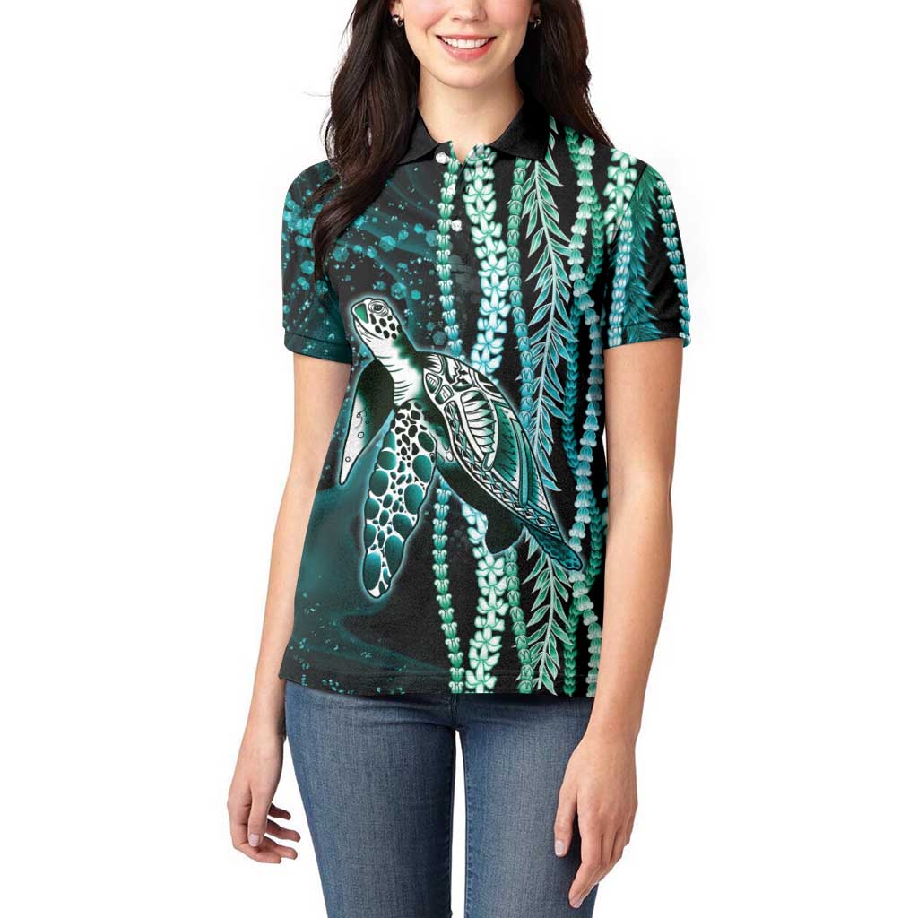 Hawaiian Honu Personalized Women Polo Shirt Dark Cyan Maile Pikake Flower Lei Inspired