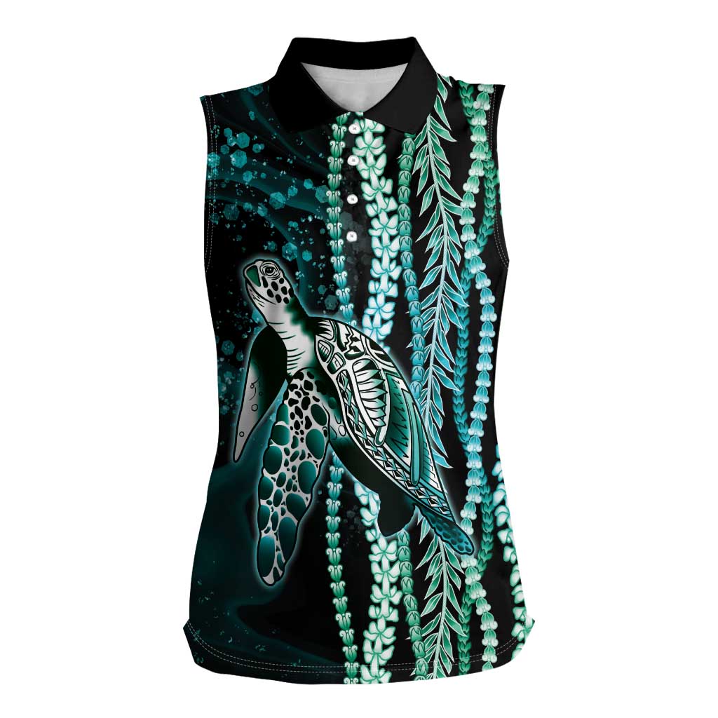 Hawaiian Honu Personalized Women Sleeveless Polo Shirt Dark Cyan Maile Pikake Flower Lei Inspired