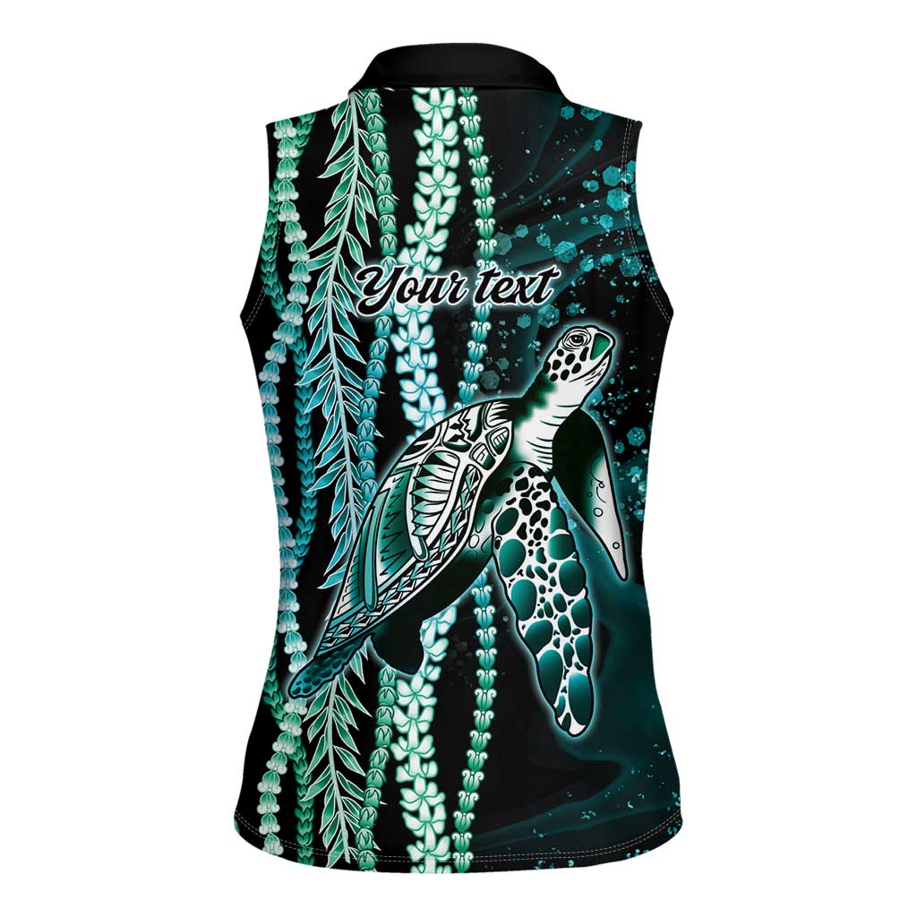 Hawaiian Honu Personalized Women Sleeveless Polo Shirt Dark Cyan Maile Pikake Flower Lei Inspired