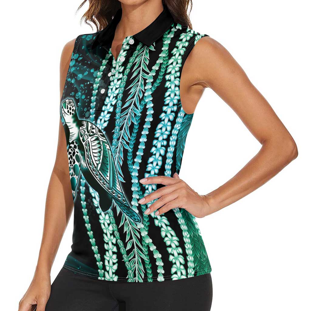 Hawaiian Honu Personalized Women Sleeveless Polo Shirt Dark Cyan Maile Pikake Flower Lei Inspired