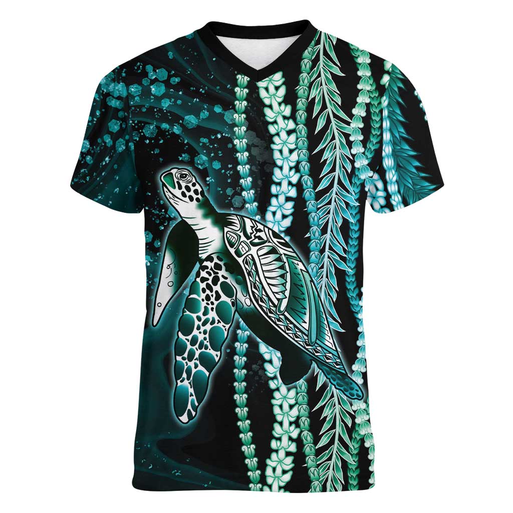 Hawaiian Honu Personalized Women V-Neck T-Shirt Dark Cyan Maile Pikake Flower Lei Inspired LT9 Female Cyan - Polynesian Pride