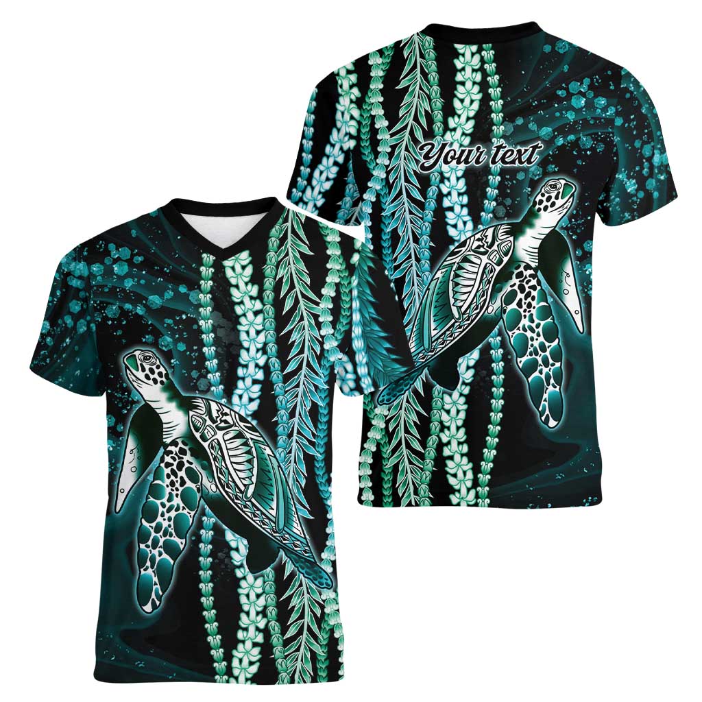 Hawaiian Honu Personalized Women V-Neck T-Shirt Dark Cyan Maile Pikake Flower Lei Inspired LT9 - Polynesian Pride