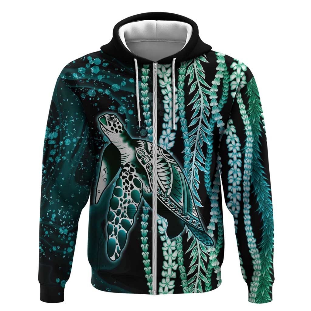 Hawaiian Honu Personalized Zip Hoodie Dark Cyan Maile Pikake Flower Lei Inspired