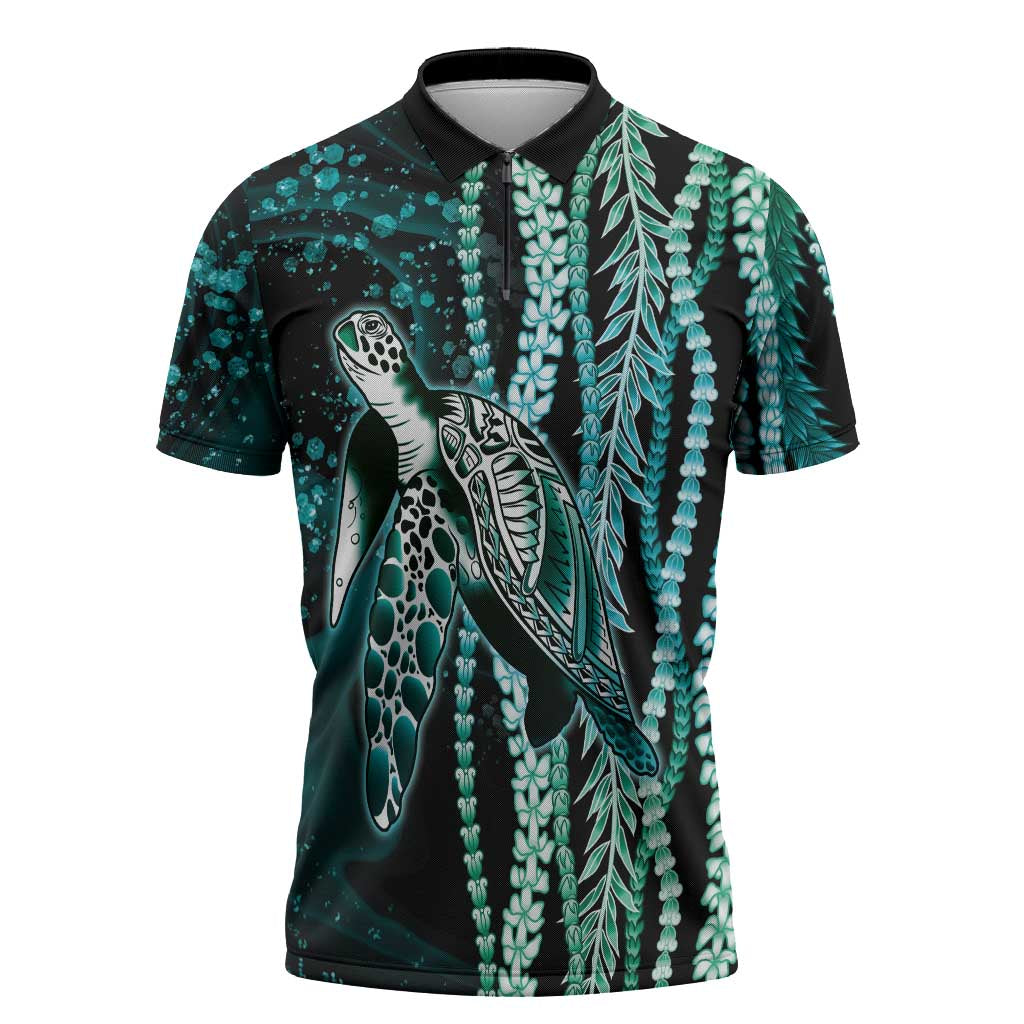 Hawaiian Honu Personalized Zipper Polo Shirt Dark Cyan Maile Pikake Flower Lei Inspired