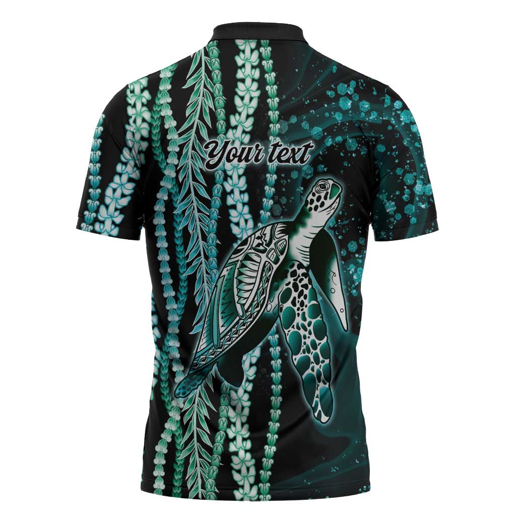Hawaiian Honu Personalized Zipper Polo Shirt Dark Cyan Maile Pikake Flower Lei Inspired