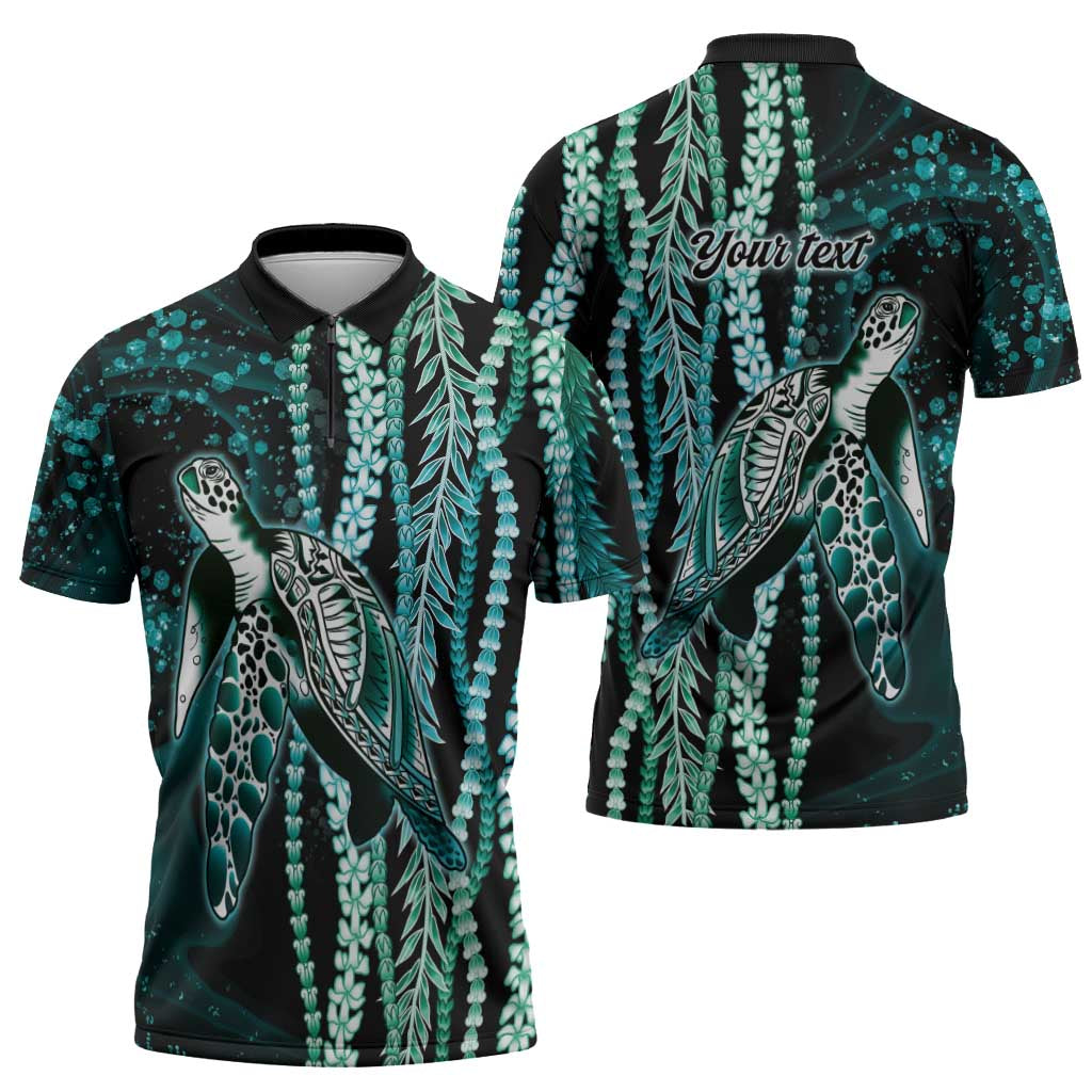 Hawaiian Honu Personalized Zipper Polo Shirt Dark Cyan Maile Pikake Flower Lei Inspired