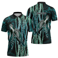 Hawaiian Honu Personalized Zipper Polo Shirt Dark Cyan Maile Pikake Flower Lei Inspired