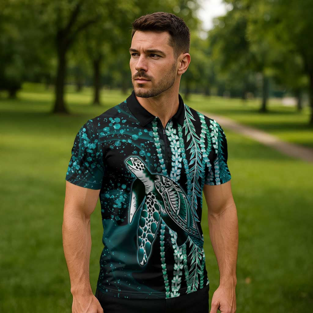 Hawaiian Honu Personalized Zipper Polo Shirt Dark Cyan Maile Pikake Flower Lei Inspired
