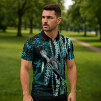 Hawaiian Honu Personalized Zipper Polo Shirt Dark Cyan Maile Pikake Flower Lei Inspired