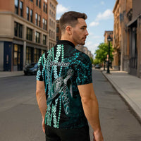 Hawaiian Honu Personalized Zipper Polo Shirt Dark Cyan Maile Pikake Flower Lei Inspired