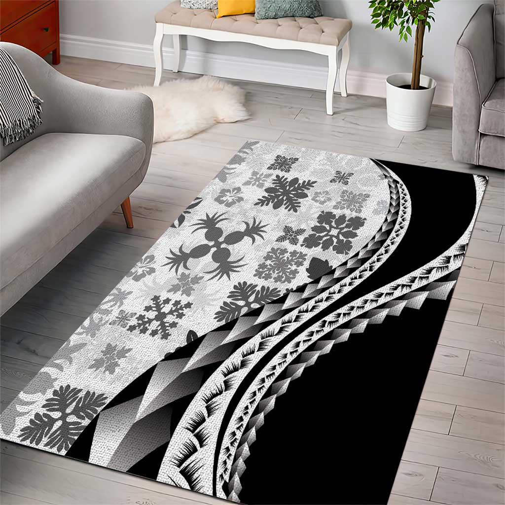 Black Hawaiian Quilt Pattern Area Rug Mixed Polynesian Tribal Arty
