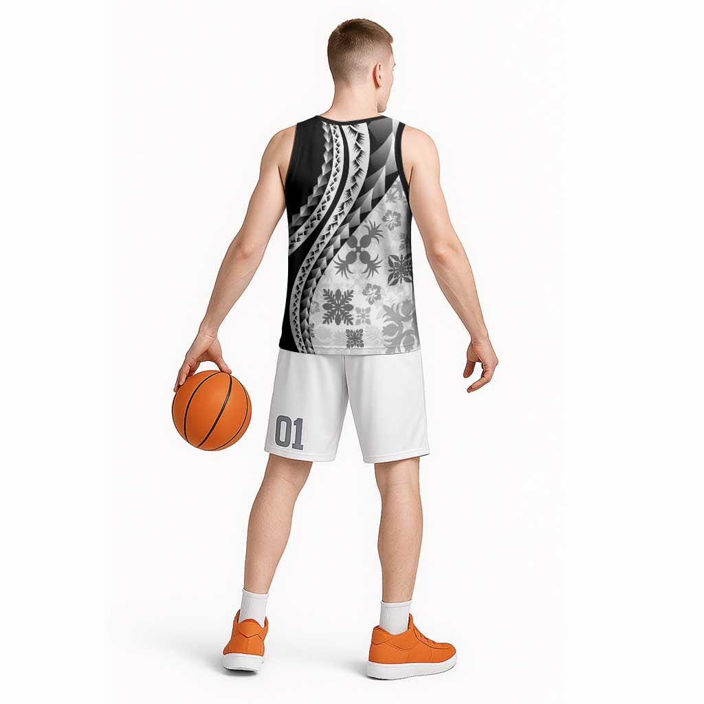 Black Hawaiian Quilt Pattern Basketball Jersey Mixed Polynesian Tribal Arty - Polynesian Pride