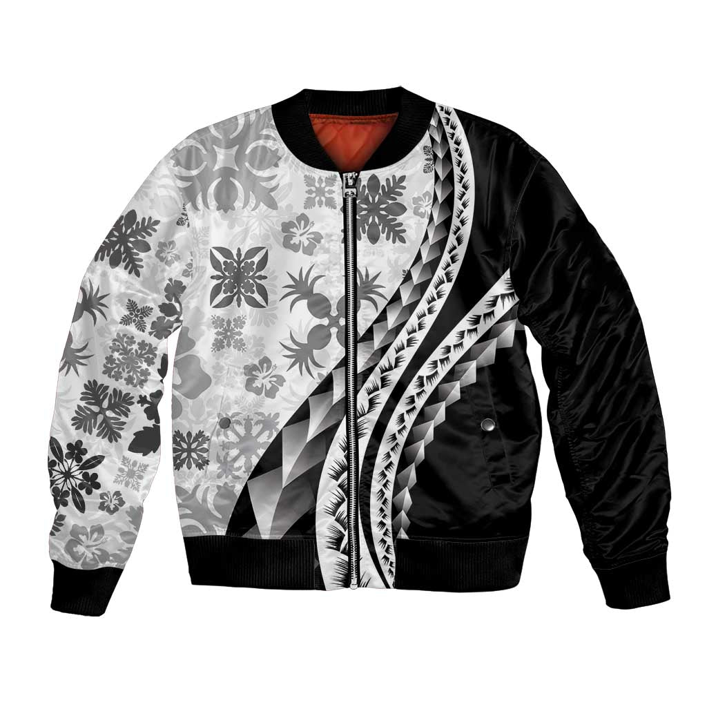 Black Hawaiian Quilt Pattern Bomber Jacket Mixed Polynesian Tribal Arty LT9 Unisex Black - Polynesian Pride