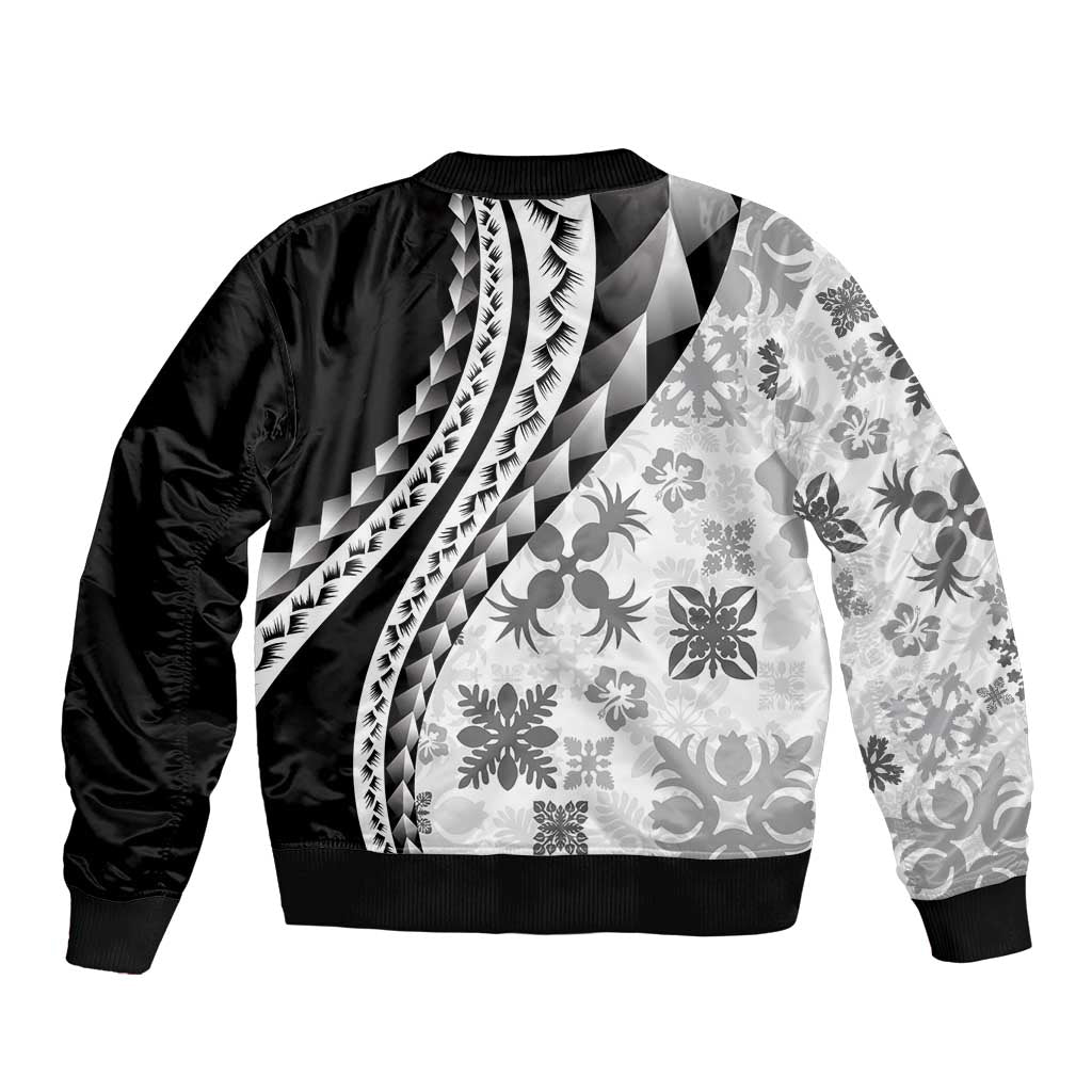 Black Hawaiian Quilt Pattern Bomber Jacket Mixed Polynesian Tribal Arty LT9 - Polynesian Pride