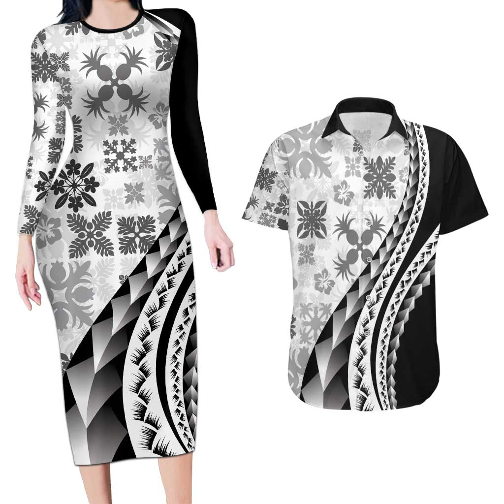Black Hawaiian Quilt Pattern Couples Matching Long Sleeve Bodycon Dress and Hawaiian Shirt Mixed Polynesian Tribal Arty LT9 Black - Polynesian Pride