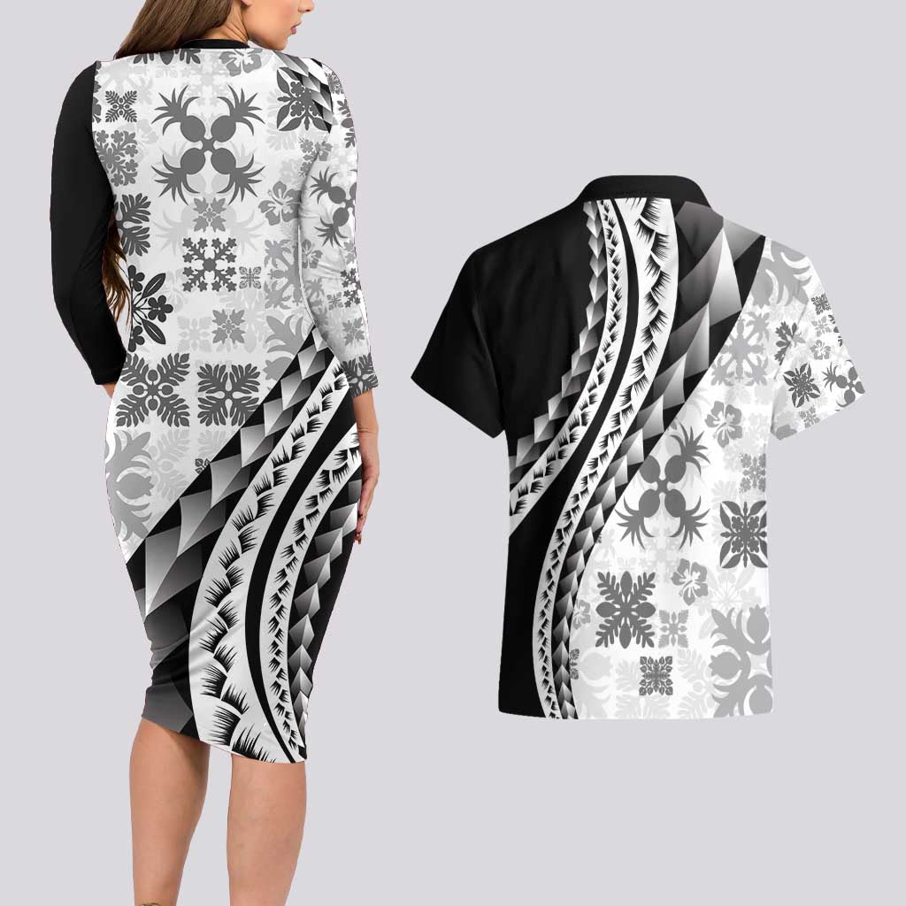 Black Hawaiian Quilt Pattern Couples Matching Long Sleeve Bodycon Dress and Hawaiian Shirt Mixed Polynesian Tribal Arty LT9 - Polynesian Pride