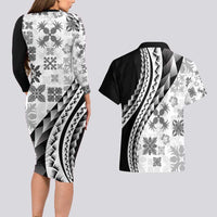 Black Hawaiian Quilt Pattern Couples Matching Long Sleeve Bodycon Dress and Hawaiian Shirt Mixed Polynesian Tribal Arty LT9 - Polynesian Pride
