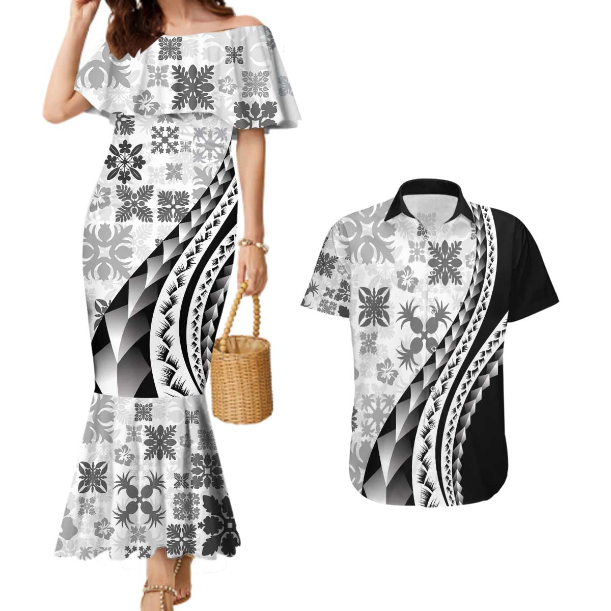 Black Hawaiian Quilt Pattern Couples Matching Mermaid Dress and Hawaiian Shirt Mixed Polynesian Tribal Arty LT9 Black - Polynesian Pride