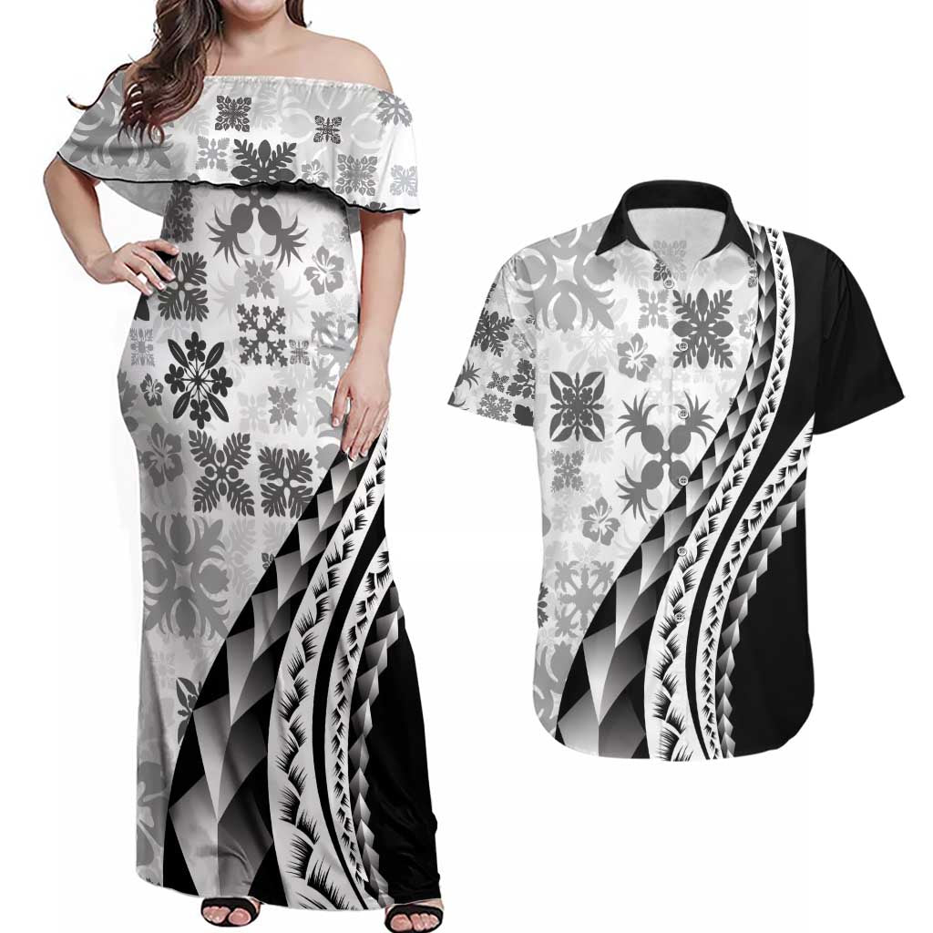 Black Hawaiian Quilt Pattern Couples Matching Off Shoulder Maxi Dress and Hawaiian Shirt Mixed Polynesian Tribal Arty LT9 Black - Polynesian Pride