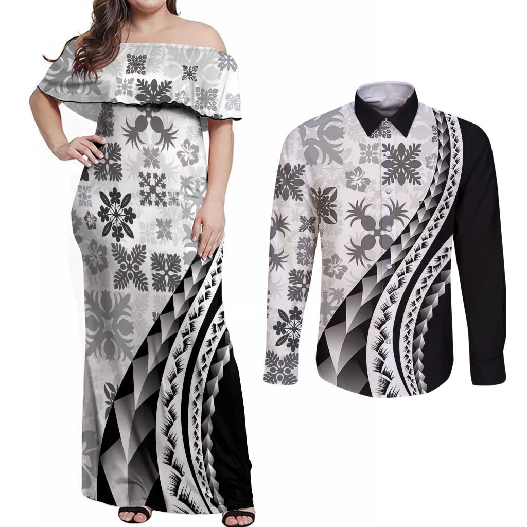 Black Hawaiian Quilt Pattern Couples Matching Off Shoulder Maxi Dress and Long Sleeve Button Shirt Mixed Polynesian Tribal Arty LT9 Black - Polynesian Pride