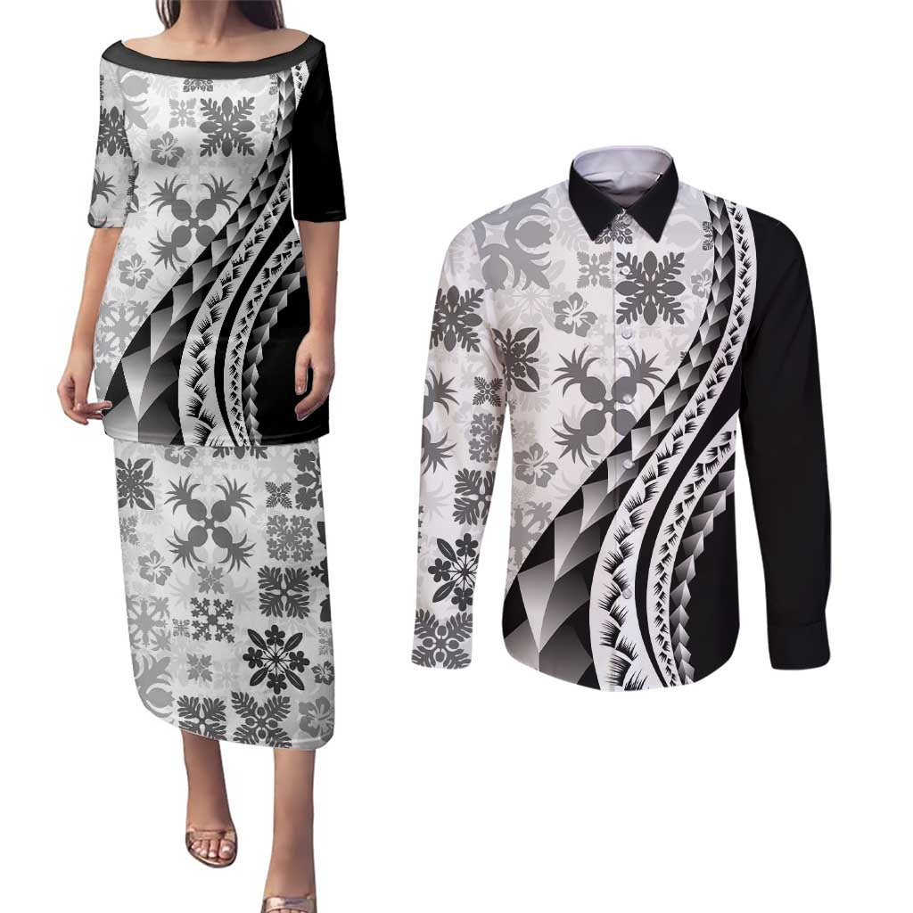 Black Hawaiian Quilt Pattern Couples Matching Puletasi and Long Sleeve Button Shirt Mixed Polynesian Tribal Arty