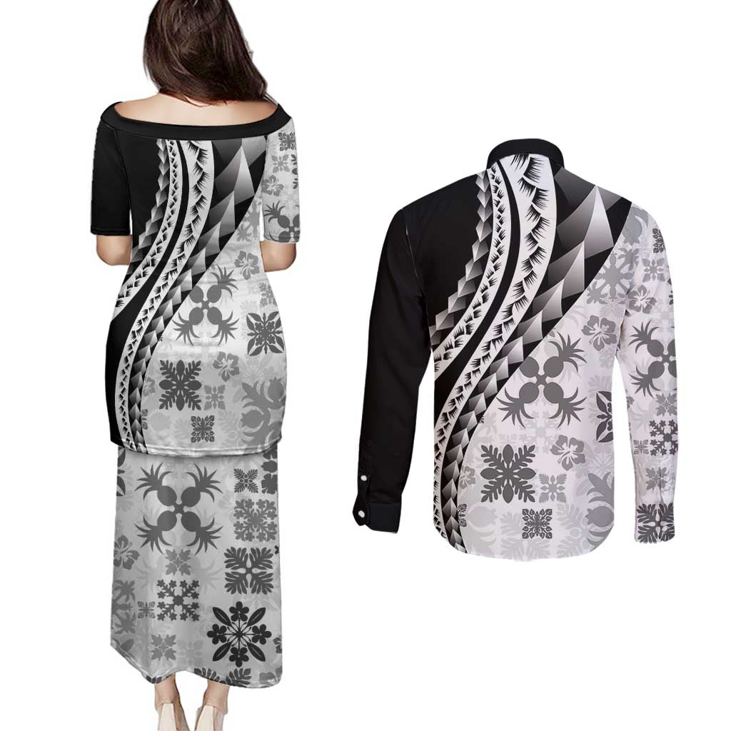 Black Hawaiian Quilt Pattern Couples Matching Puletasi and Long Sleeve Button Shirt Mixed Polynesian Tribal Arty