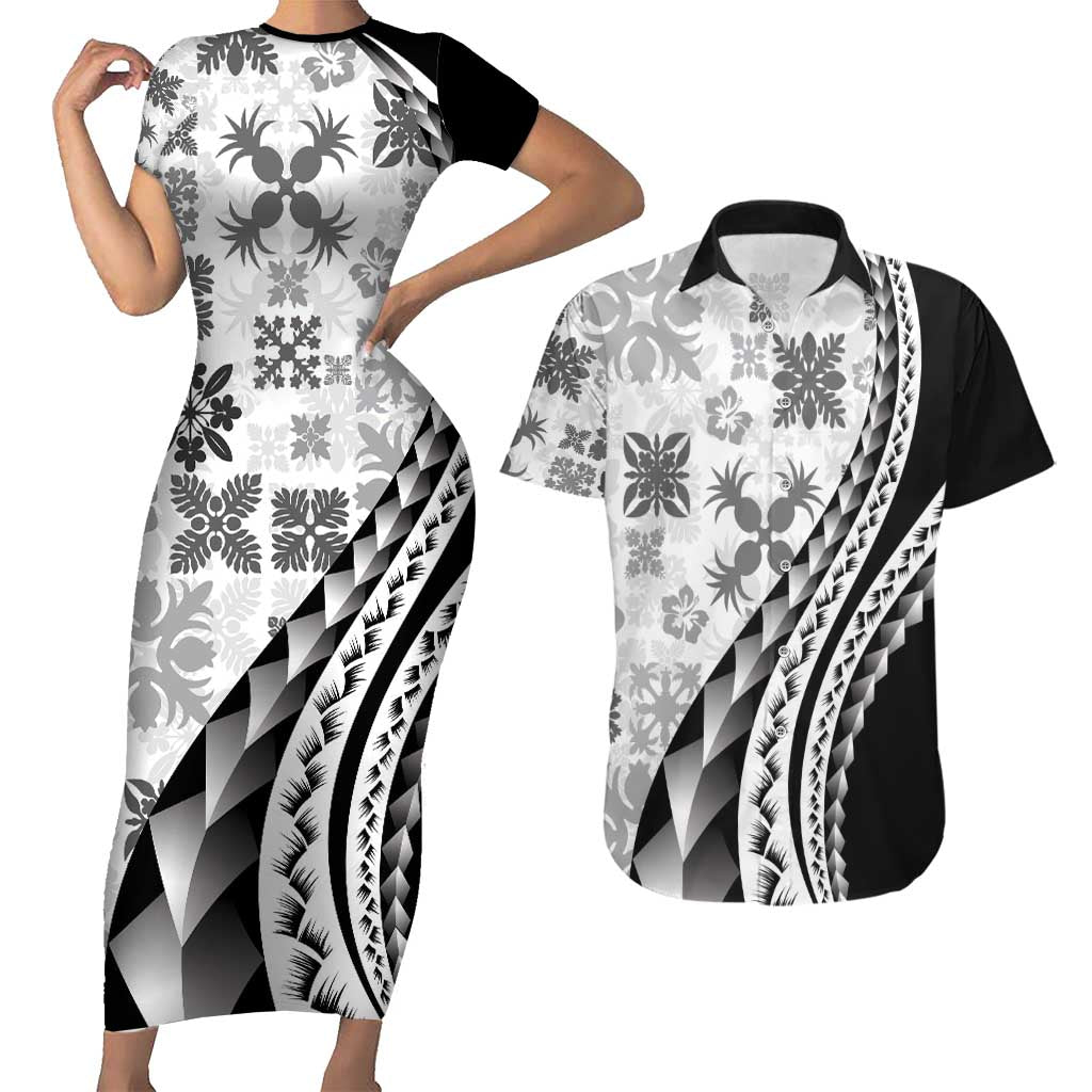 Black Hawaiian Quilt Pattern Couples Matching Short Sleeve Bodycon Dress and Hawaiian Shirt Mixed Polynesian Tribal Arty LT9 Black - Polynesian Pride