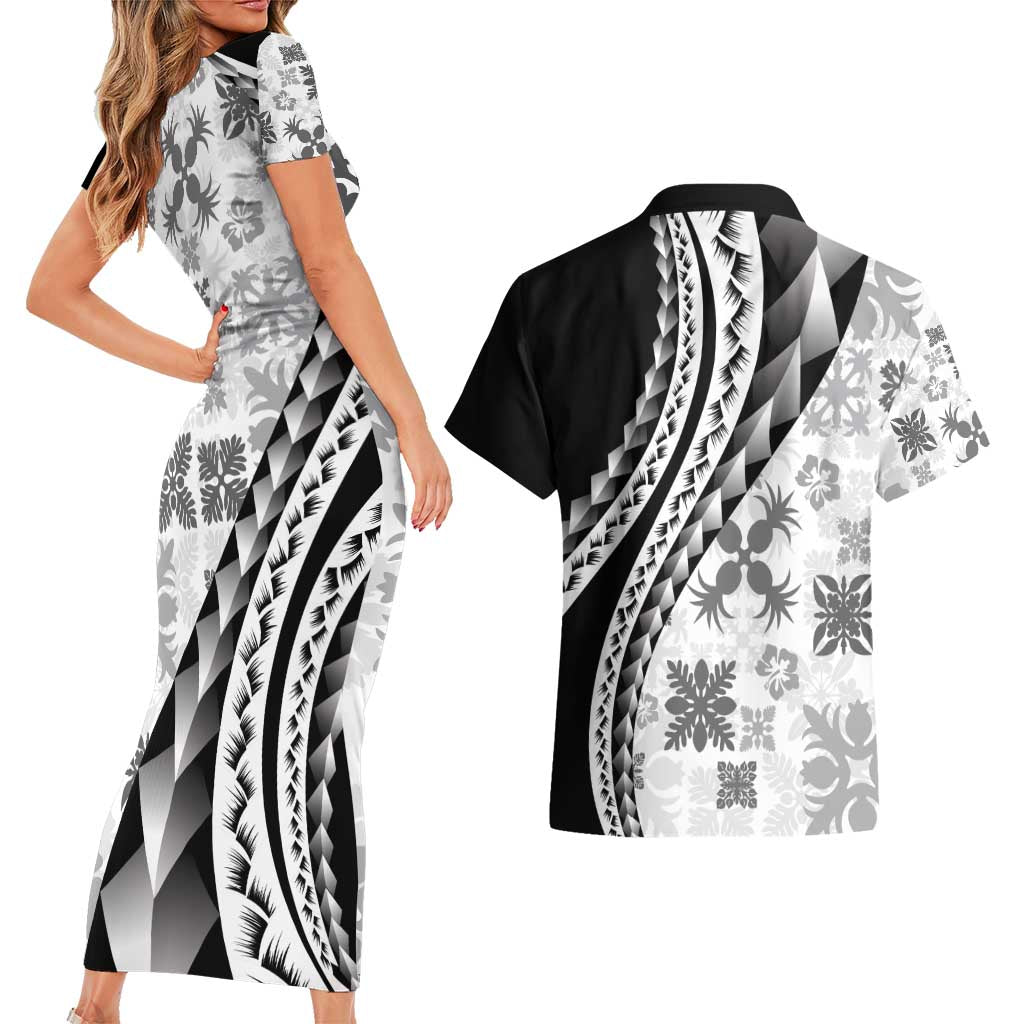 Black Hawaiian Quilt Pattern Couples Matching Short Sleeve Bodycon Dress and Hawaiian Shirt Mixed Polynesian Tribal Arty LT9 - Polynesian Pride