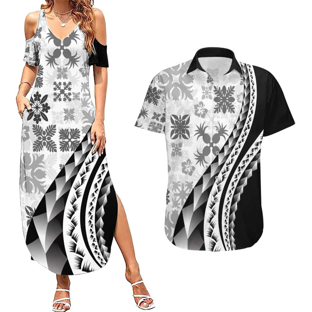 Black Hawaiian Quilt Pattern Couples Matching Summer Maxi Dress and Hawaiian Shirt Mixed Polynesian Tribal Arty LT9 Black - Polynesian Pride