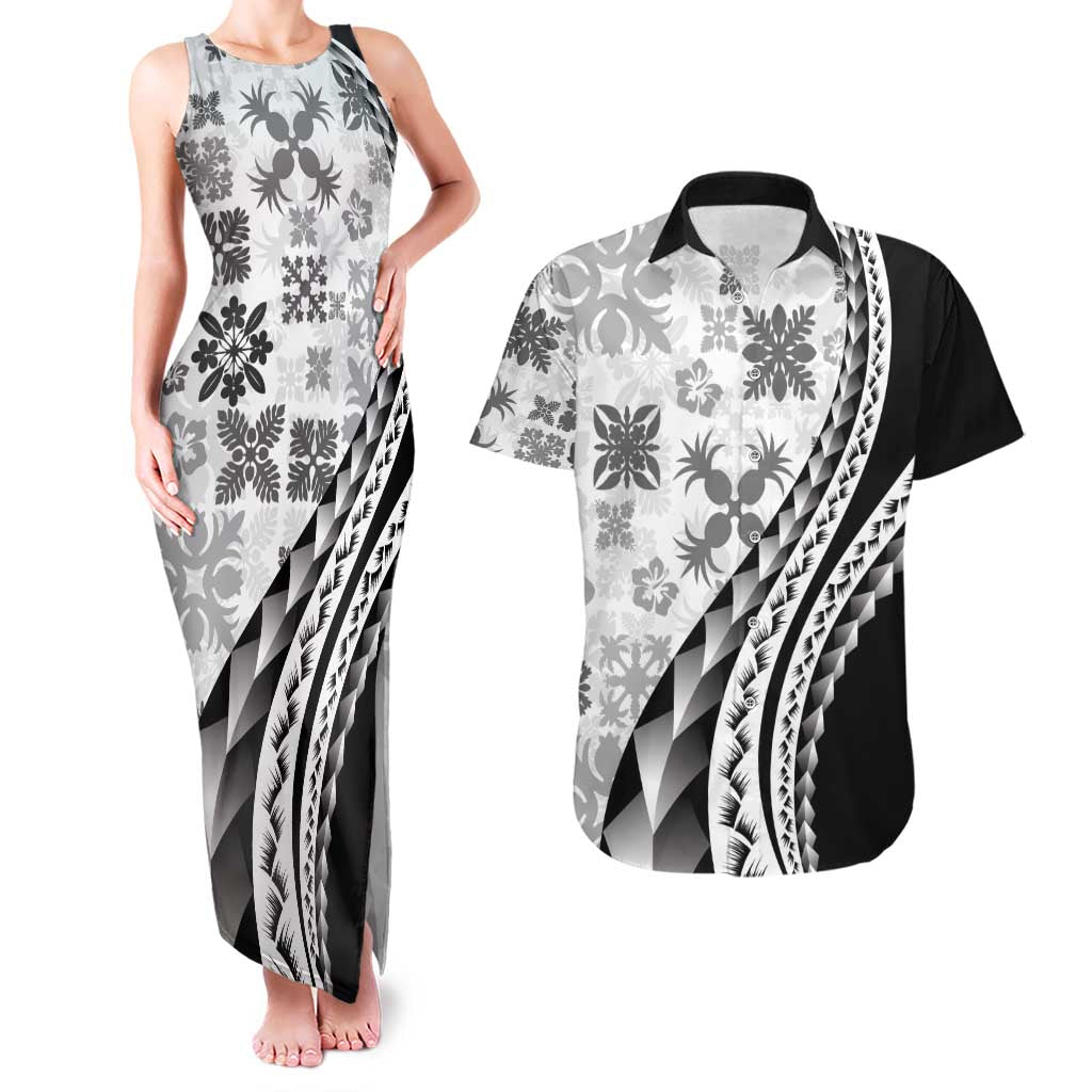 Black Hawaiian Quilt Pattern Couples Matching Tank Maxi Dress and Hawaiian Shirt Mixed Polynesian Tribal Arty LT9 Black - Polynesian Pride
