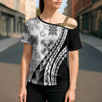 Black Hawaiian Quilt Pattern Cross Shoulder Shirt Mixed Polynesian Tribal Arty - Polynesian Pride