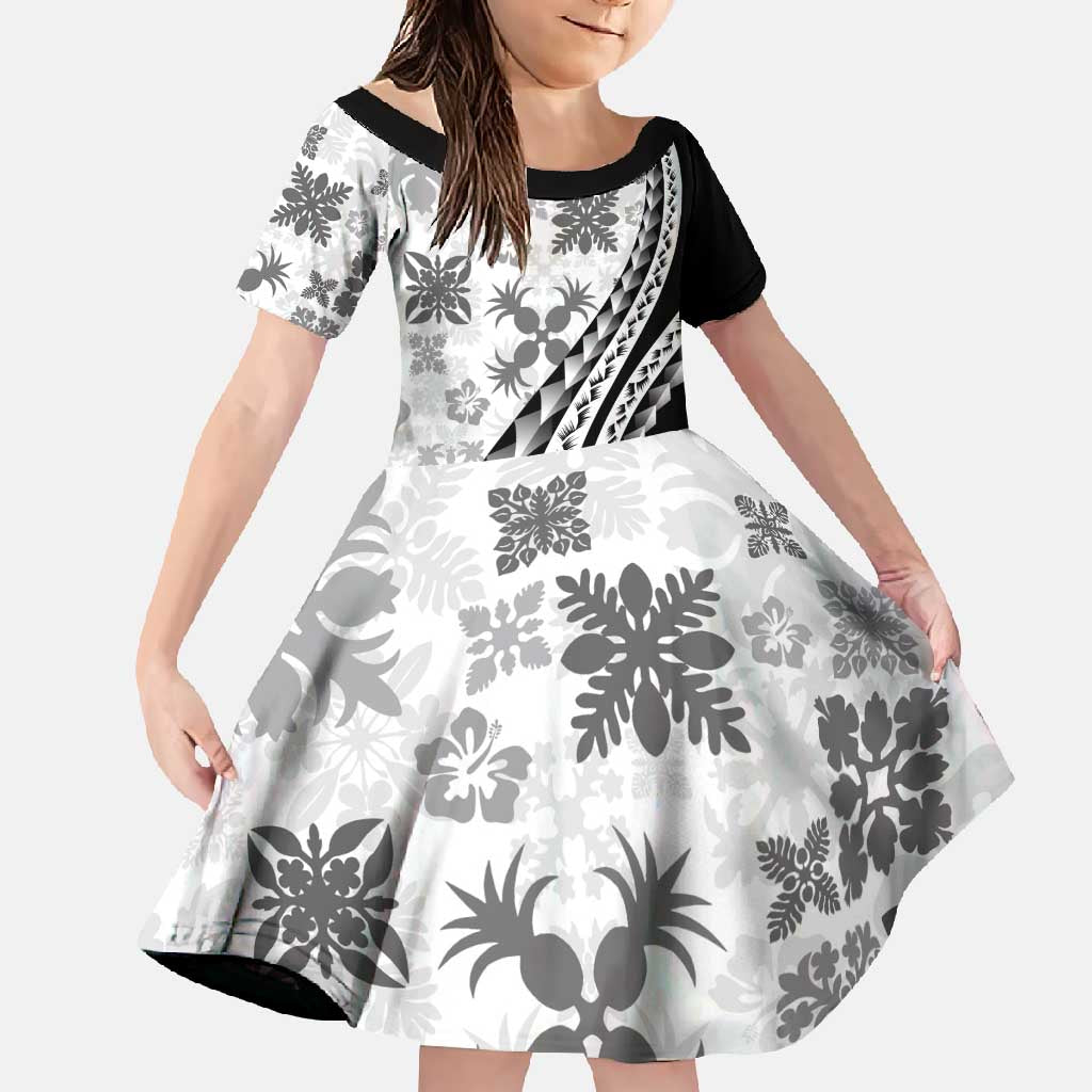 Black Hawaiian Quilt Pattern Family Matching Long Sleeve Bodycon Dress and Hawaiian Shirt Mixed Polynesian Tribal Arty LT9 Daughter's Dress Black - Polynesian Pride