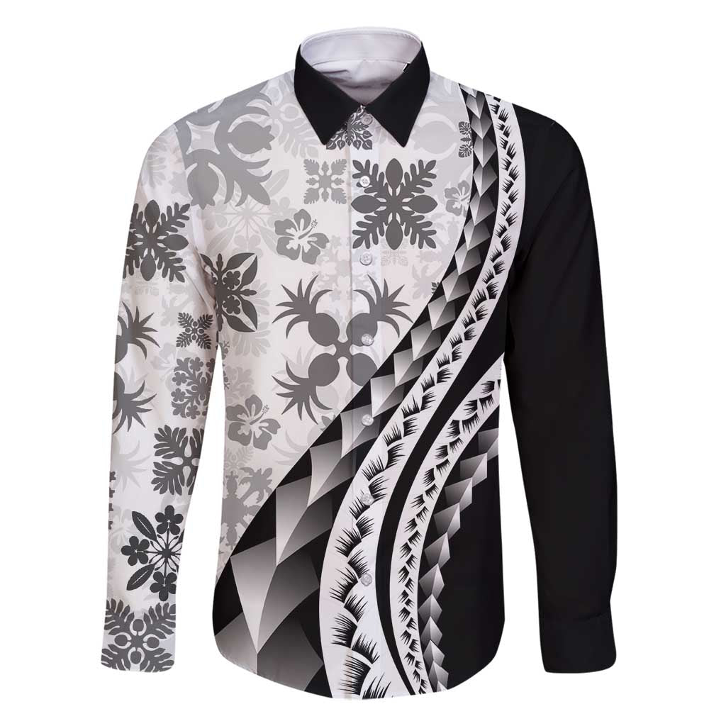 Black Hawaiian Quilt Pattern Family Matching Long Sleeve Bodycon Dress and Hawaiian Shirt Mixed Polynesian Tribal Arty LT9 Dad's Shirt - Long Sleeve Black - Polynesian Pride