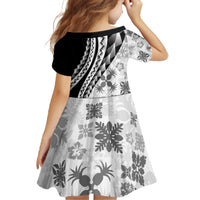 Black Hawaiian Quilt Pattern Family Matching Off The Shoulder Long Sleeve Dress and Hawaiian Shirt Mixed Polynesian Tribal Arty