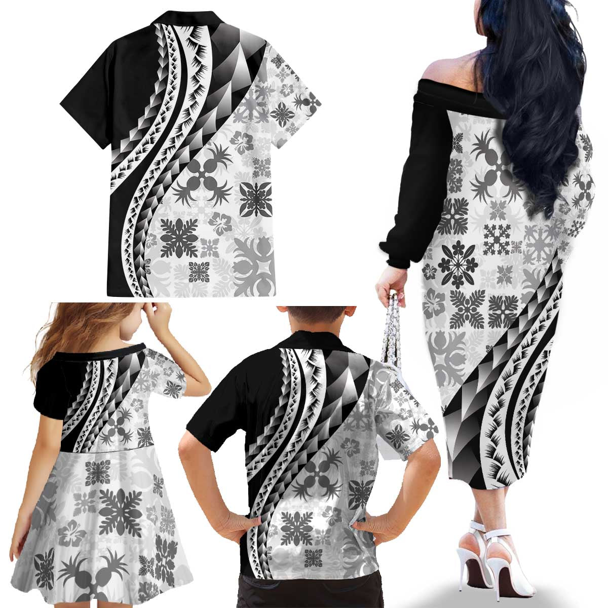 Black Hawaiian Quilt Pattern Family Matching Off The Shoulder Long Sleeve Dress and Hawaiian Shirt Mixed Polynesian Tribal Arty