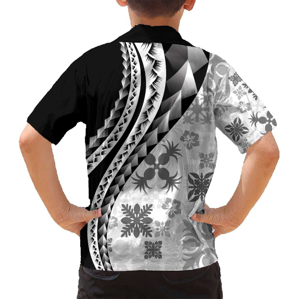 Black Hawaiian Quilt Pattern Family Matching Off Shoulder Short Dress and Hawaiian Shirt Mixed Polynesian Tribal Arty