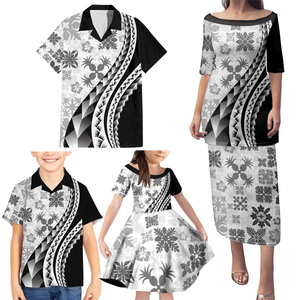 Black Hawaiian Quilt Pattern Family Matching Puletasi and Hawaiian Shirt Mixed Polynesian Tribal Arty