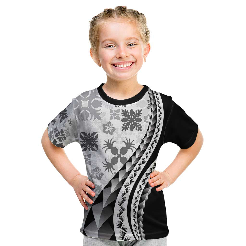 Black Hawaiian Quilt Pattern Kid T Shirt Mixed Polynesian Tribal Arty LT9 Black - Polynesian Pride