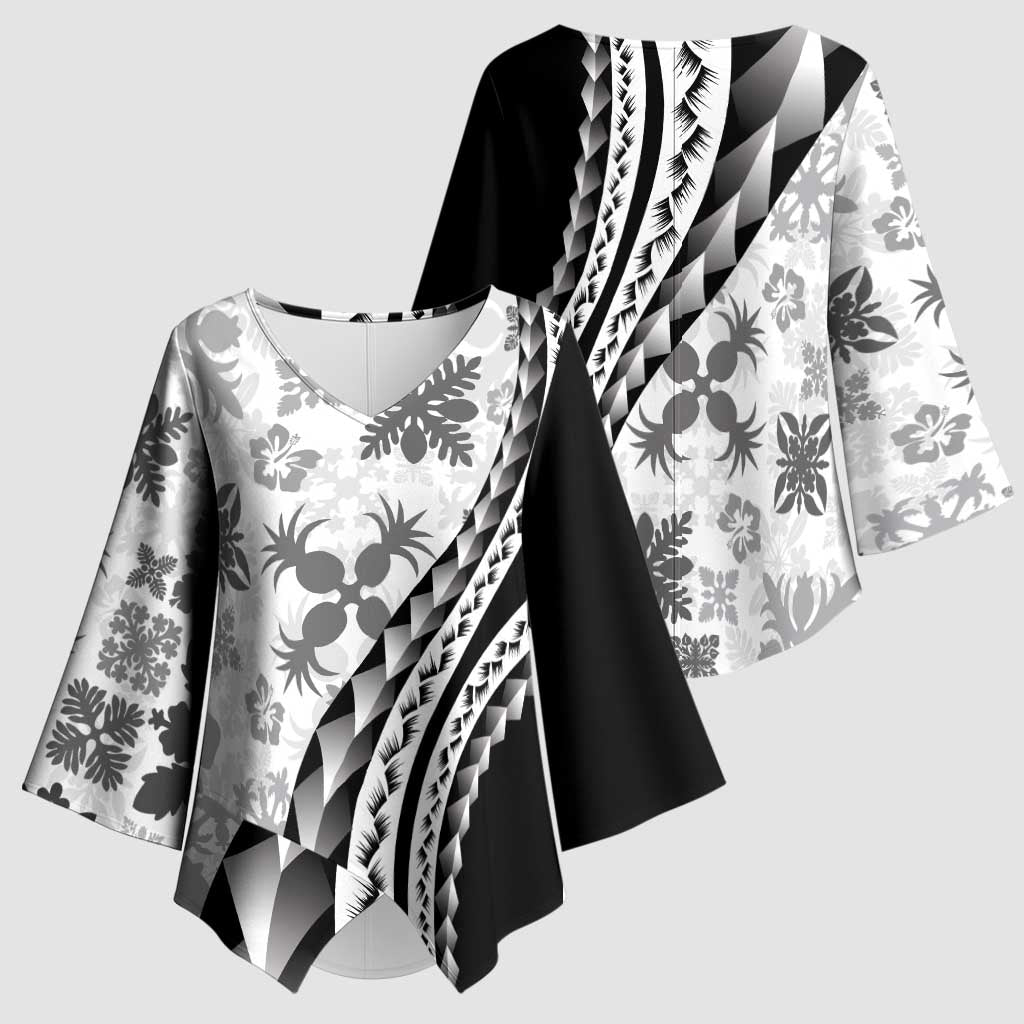 Black Hawaiian Quilt Pattern Kimono Sleeve Blouse Mixed Polynesian Tribal Arty - Polynesian Pride