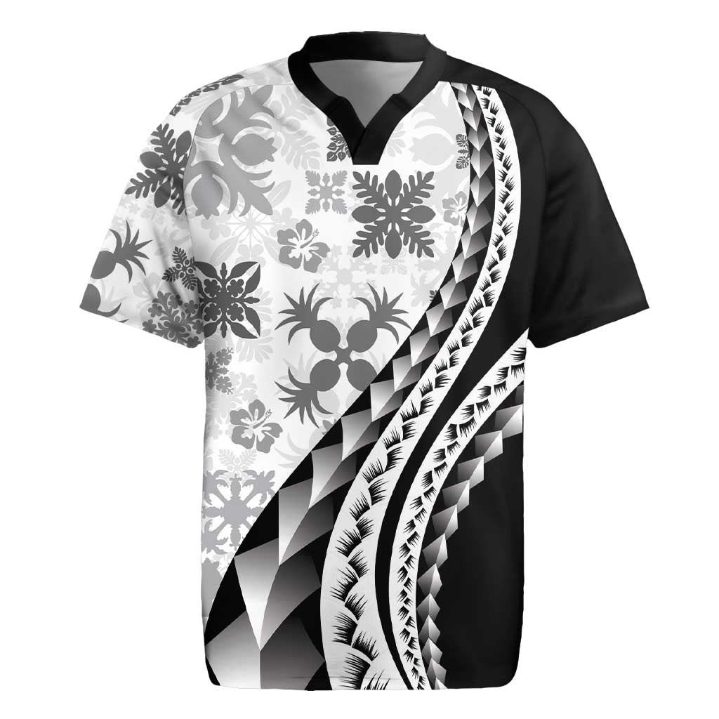 Black Hawaiian Quilt Pattern Rugby Jersey Mixed Polynesian Tribal Arty LT9 Black - Polynesian Pride