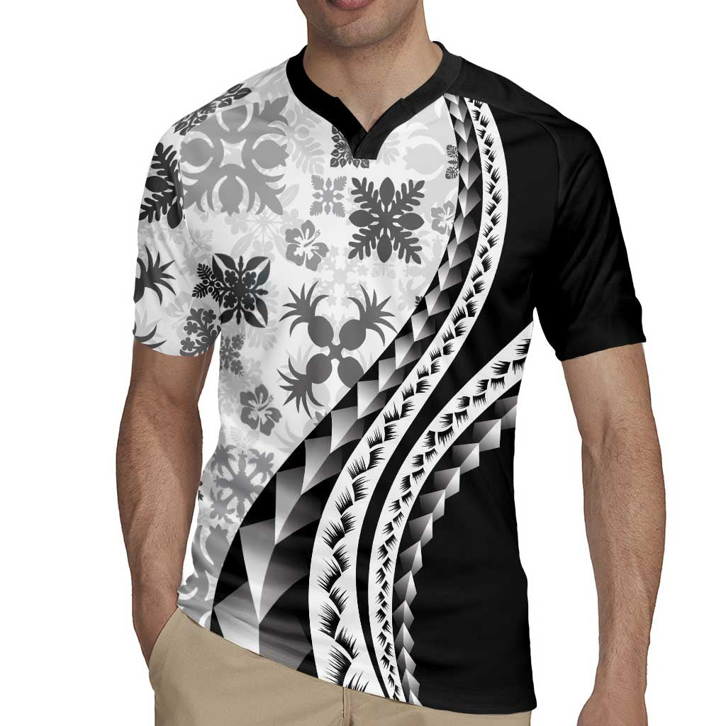 Black Hawaiian Quilt Pattern Rugby Jersey Mixed Polynesian Tribal Arty LT9 - Polynesian Pride