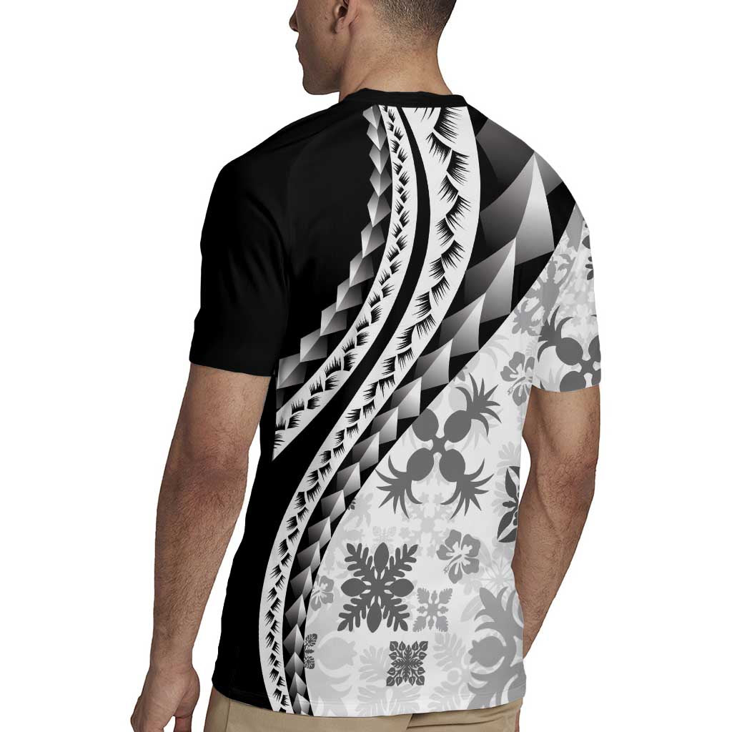 Black Hawaiian Quilt Pattern Rugby Jersey Mixed Polynesian Tribal Arty LT9 - Polynesian Pride