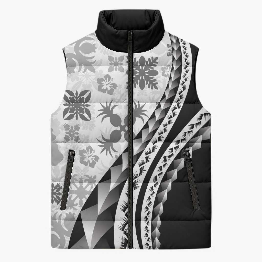 Black Hawaiian Quilt Pattern Sleeveless Puffer Jacket Mixed Polynesian Tribal Arty - Polynesian Pride