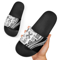 Black Hawaiian Quilt Pattern Slide Sandals Mixed Polynesian Tribal Arty - Polynesian Pride