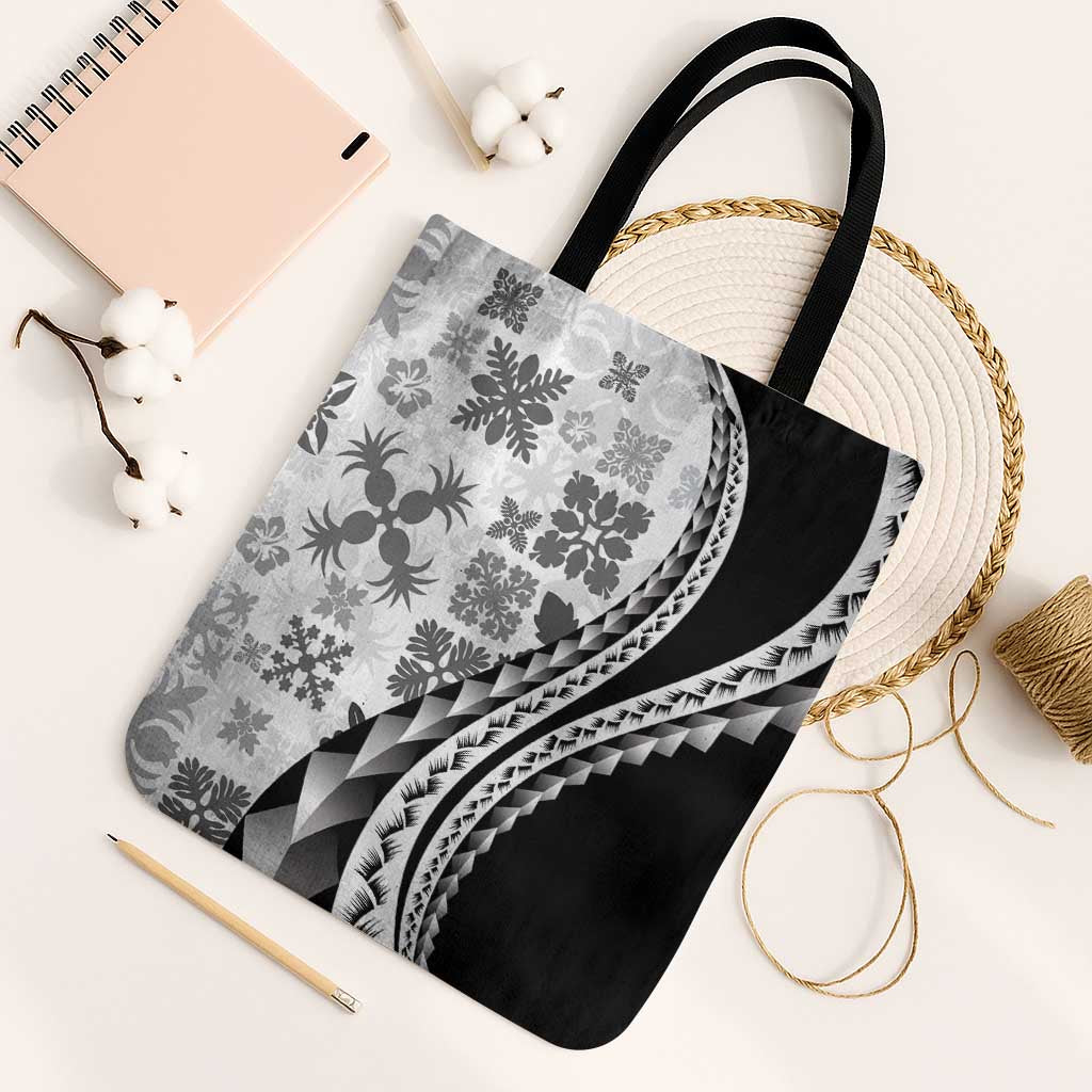 Black Hawaiian Quilt Pattern Tote Bag Mixed Polynesian Tribal Arty - Polynesian Pride