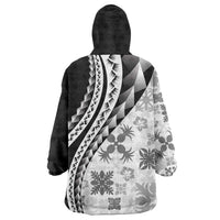 Black Hawaiian Quilt Pattern Wearable Blanket Hoodie Mixed Polynesian Tribal Arty