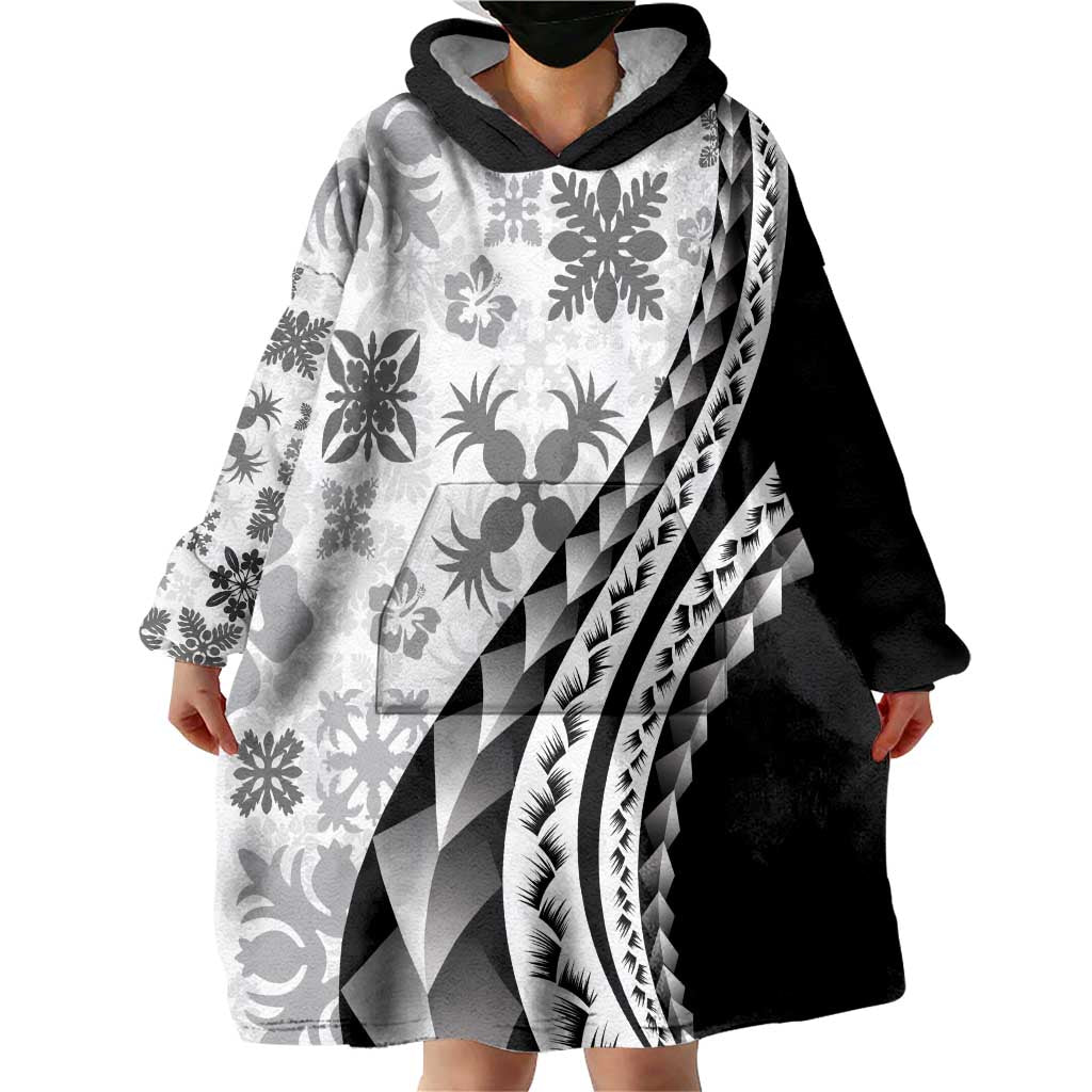 Black Hawaiian Quilt Pattern Wearable Blanket Hoodie Mixed Polynesian Tribal Arty